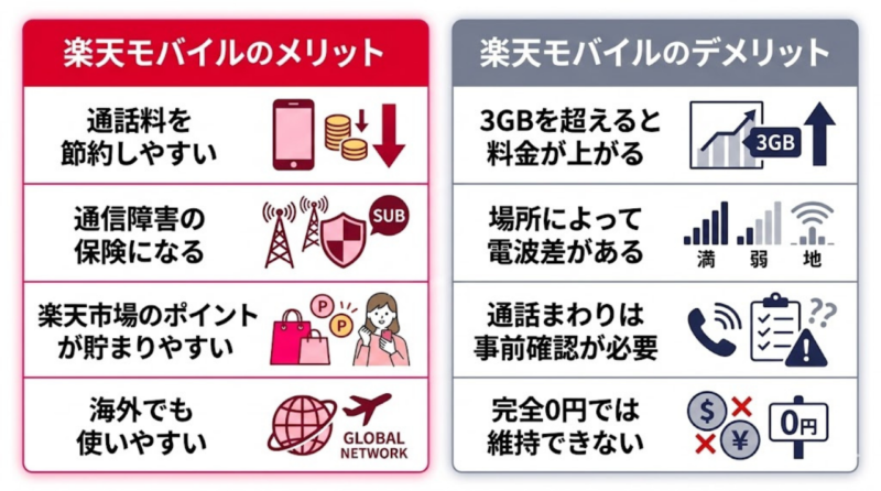 楽天モバイルをサブ回線にした場合のメリットとデメリットを比較した図表