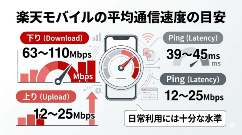 楽天モバイルの平均通信速度の目安を下り上りPingで整理したインフォグラフィック