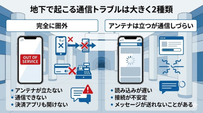 地下で起こる圏外と通信不安定の違いを示した図解