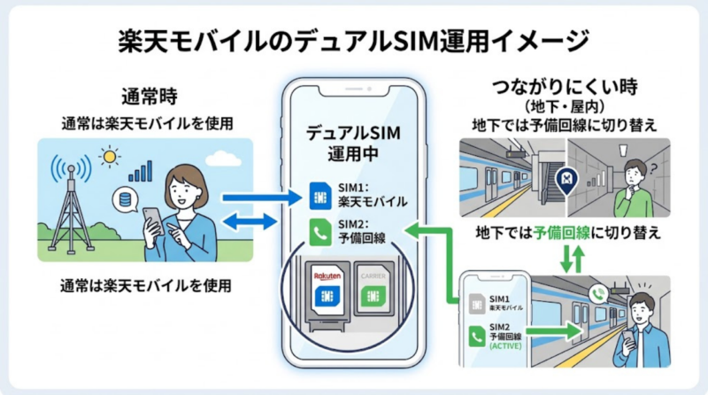 楽天モバイルと予備回線を組み合わせるデュアルSIM運用のイメージ図