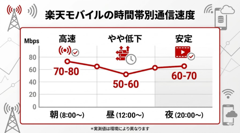 楽天モバイルの朝昼夜の通信速度を比較したグラフ
