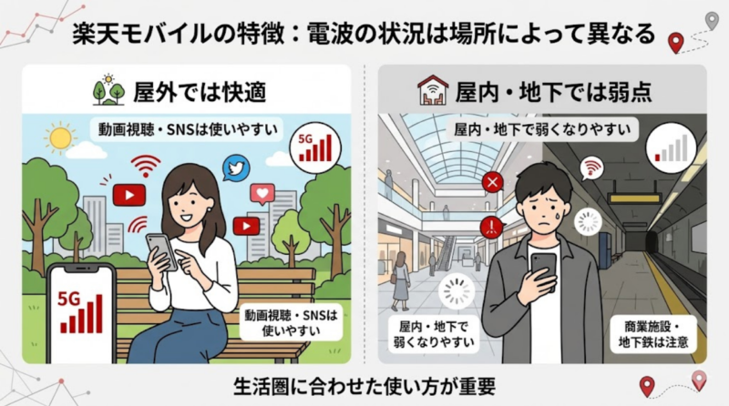 楽天モバイルは屋外では快適だが屋内や地下では弱点が出やすいことを示す比較図