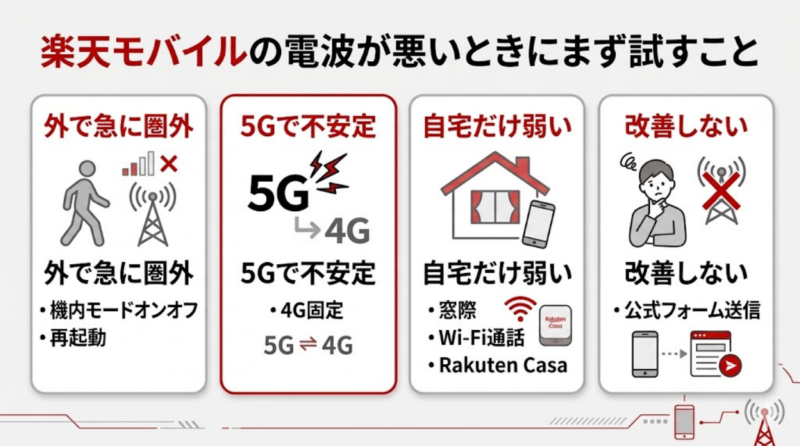 楽天モバイルの電波が悪いときにまず試すことを状況別にまとめた早見表