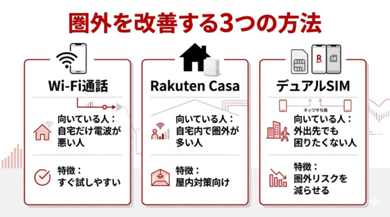 楽天モバイルの圏外対策としてWi-Fi通話・Rakuten Casa・デュアルSIMを比較した図