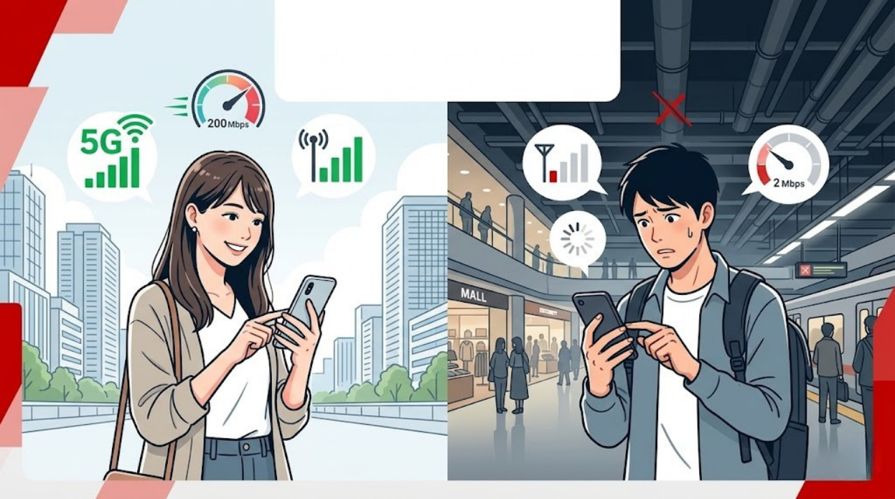 楽天モバイルの通信速度は屋外では速く屋内では弱いことを示すイメージ