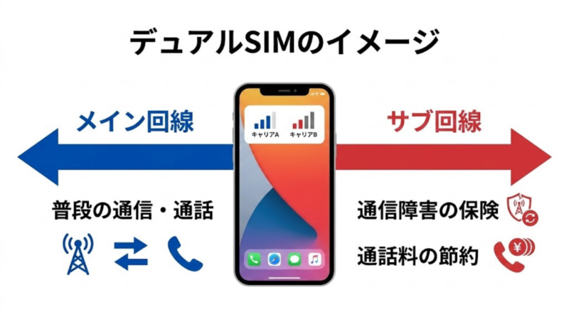 メイン回線とサブ回線の役割を1台のスマホで示したデュアルSIMの図解
