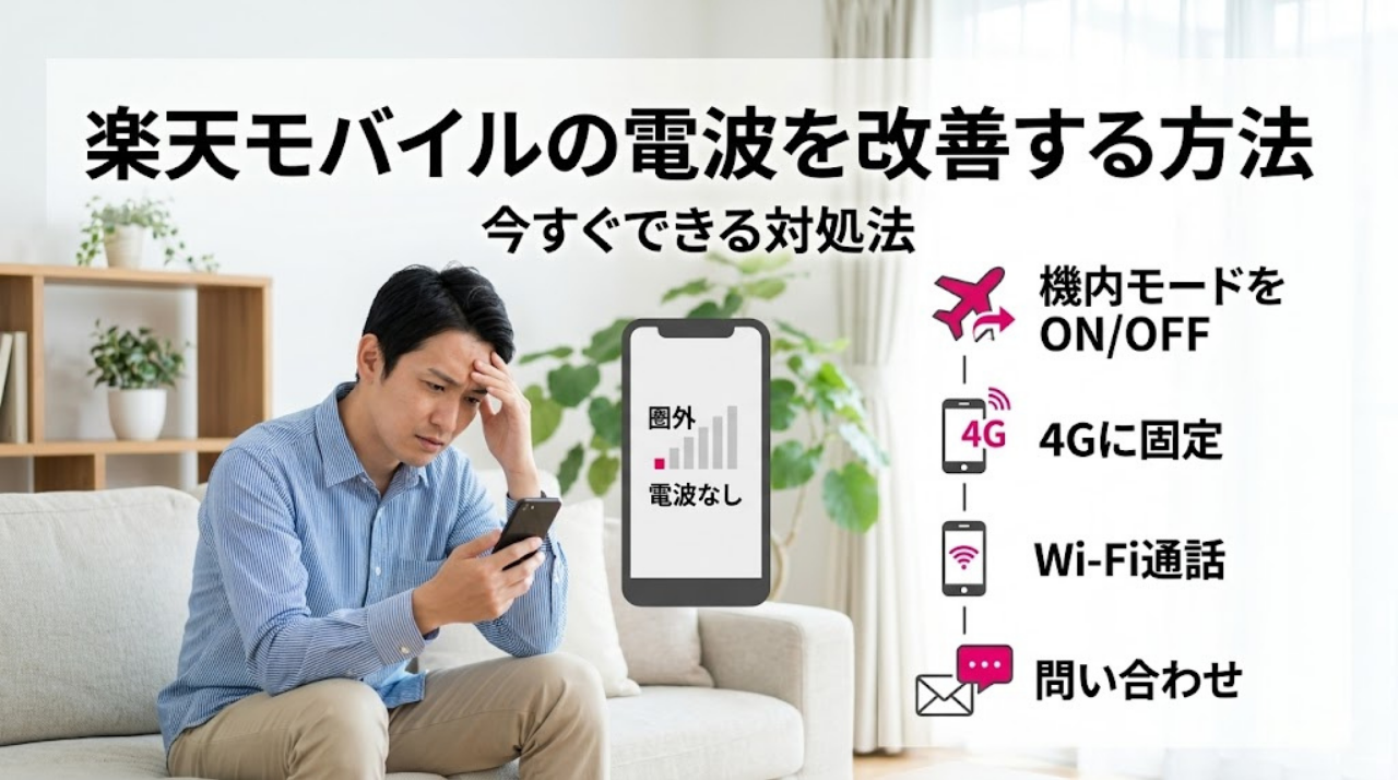 楽天モバイルの電波が悪いときの改善方法をまとめたアイキャッチ画像