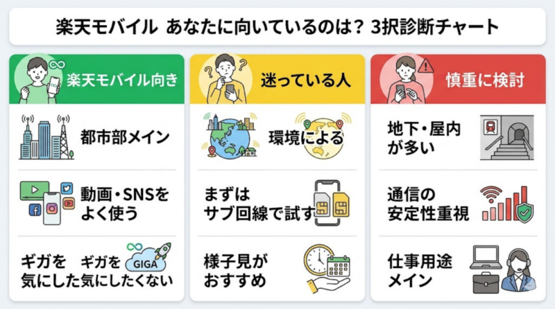 楽天モバイルが向いている人と向いていない人の判断フローチャート