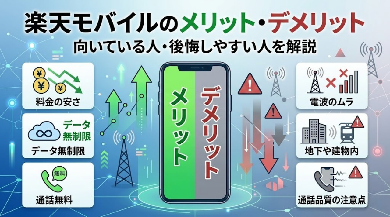 楽天モバイルのメリットとデメリットを比較している16対9のアイキャッチ画像