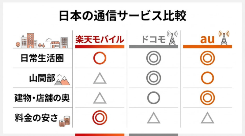 楽天モバイルとドコモとauの田舎での使いやすさを比較した図解