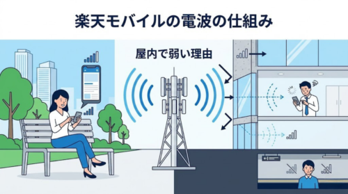 楽天モバイルの電波が屋内で弱くなりやすい理由を示したアイキャッチ画像