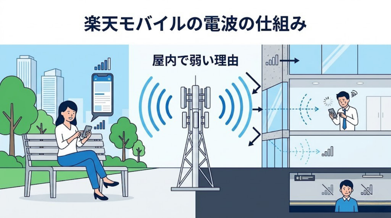 楽天モバイルの電波が屋内で弱くなりやすい理由を示したアイキャッチ画像
