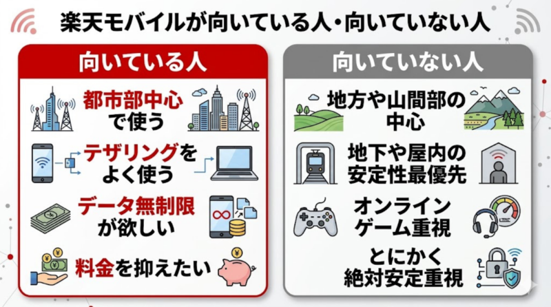 楽天モバイルが向いている人と向いていない人を比較した図解
