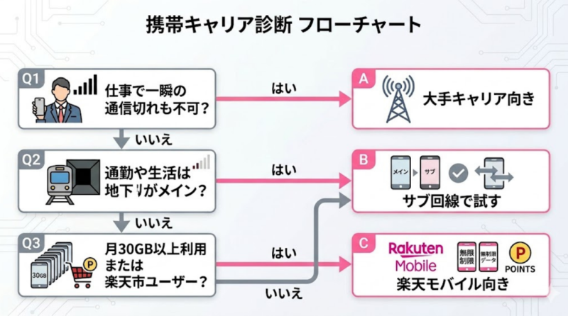 楽天モバイルが向いている人と向いていない人を判断するフローチャート